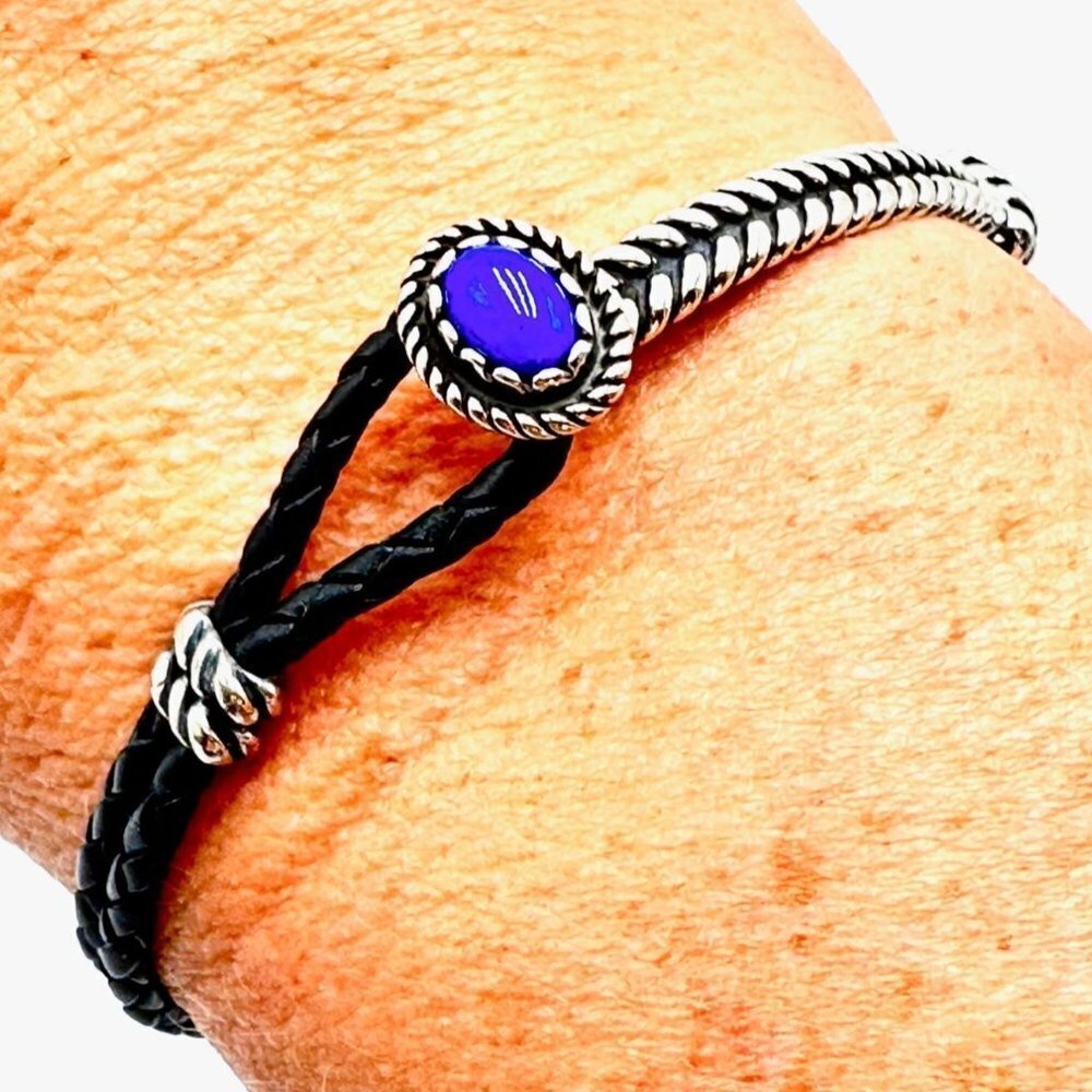 Carolyn Pollack Sterling Silver Black Leather Blue Gemstone 7" Bracelet